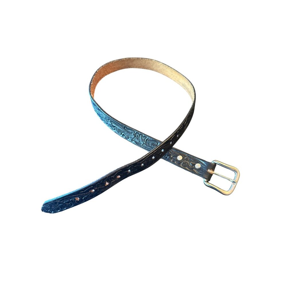 Leather Belt With Embossed Design & Silver Buckle Western Ranch